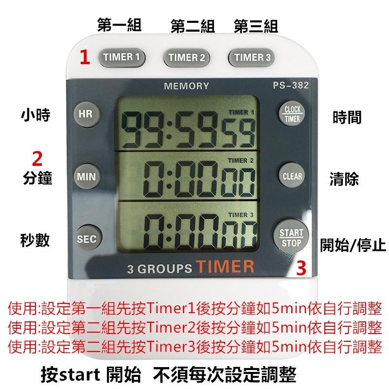 正貨382三通道電子正多組倒計時器定時提醒器時鐘秒錶記憶功能三排顯示/三通道倒計時器/具時鐘、秒  錶、三組倒計時、記憶-細節圖5