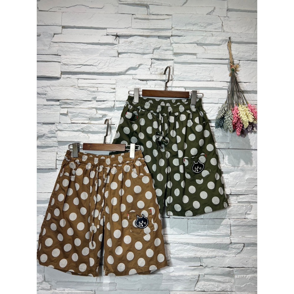 Gemini 日系。復古🔸森系圓點點貓咪頭刺繡貼布4分短褲-細節圖3
