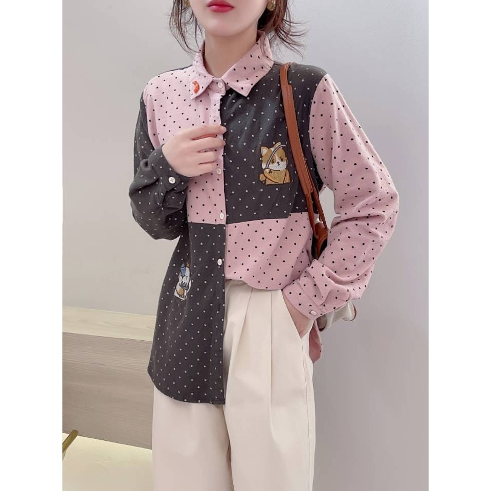 Gemini日系。小狗釣魚，貓咪偷吃 刺繡 磨毛對撞色襯衫-細節圖2