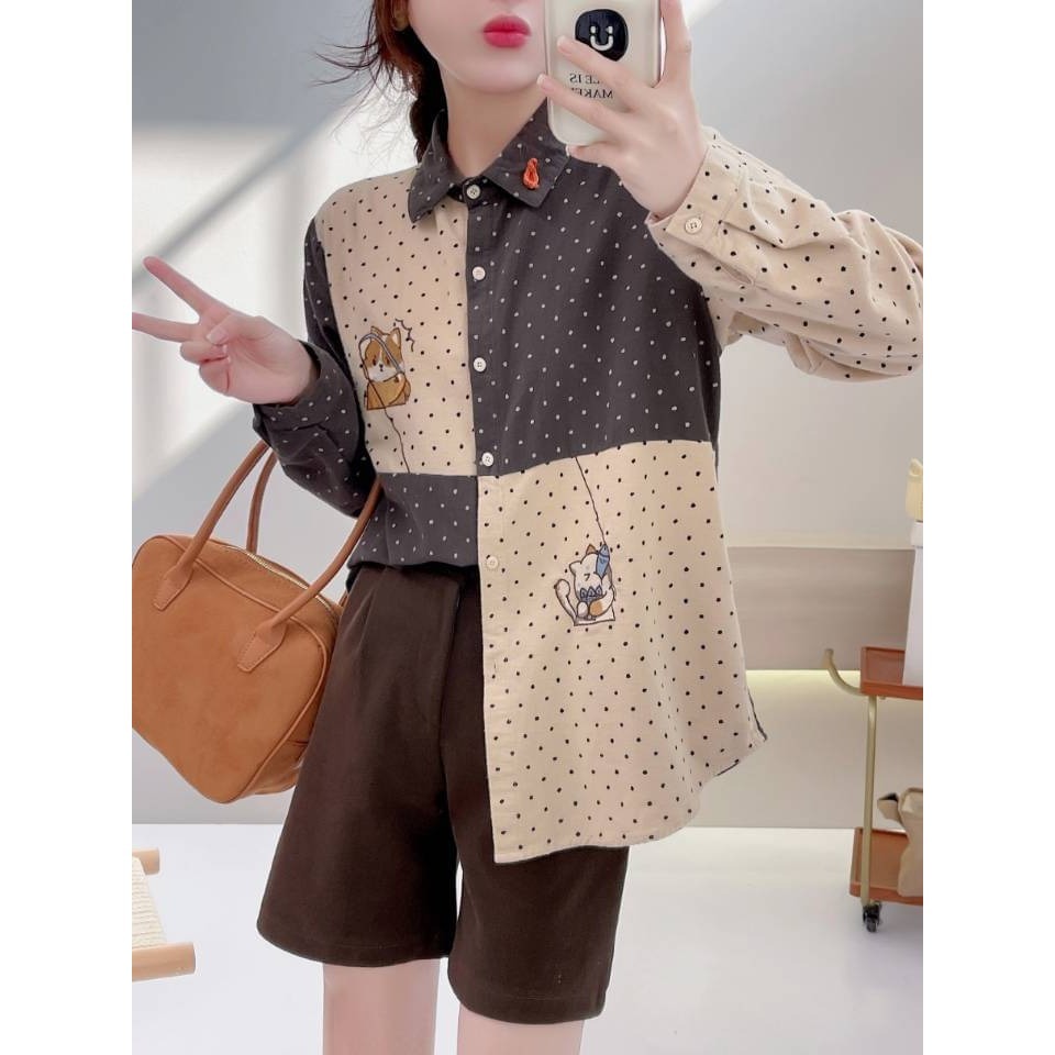 Gemini日系。小狗釣魚，貓咪偷吃 刺繡 磨毛對撞色襯衫-細節圖3