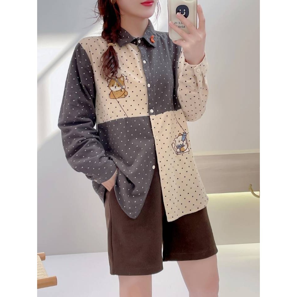 Gemini日系。小狗釣魚，貓咪偷吃 刺繡 磨毛對撞色襯衫-細節圖5