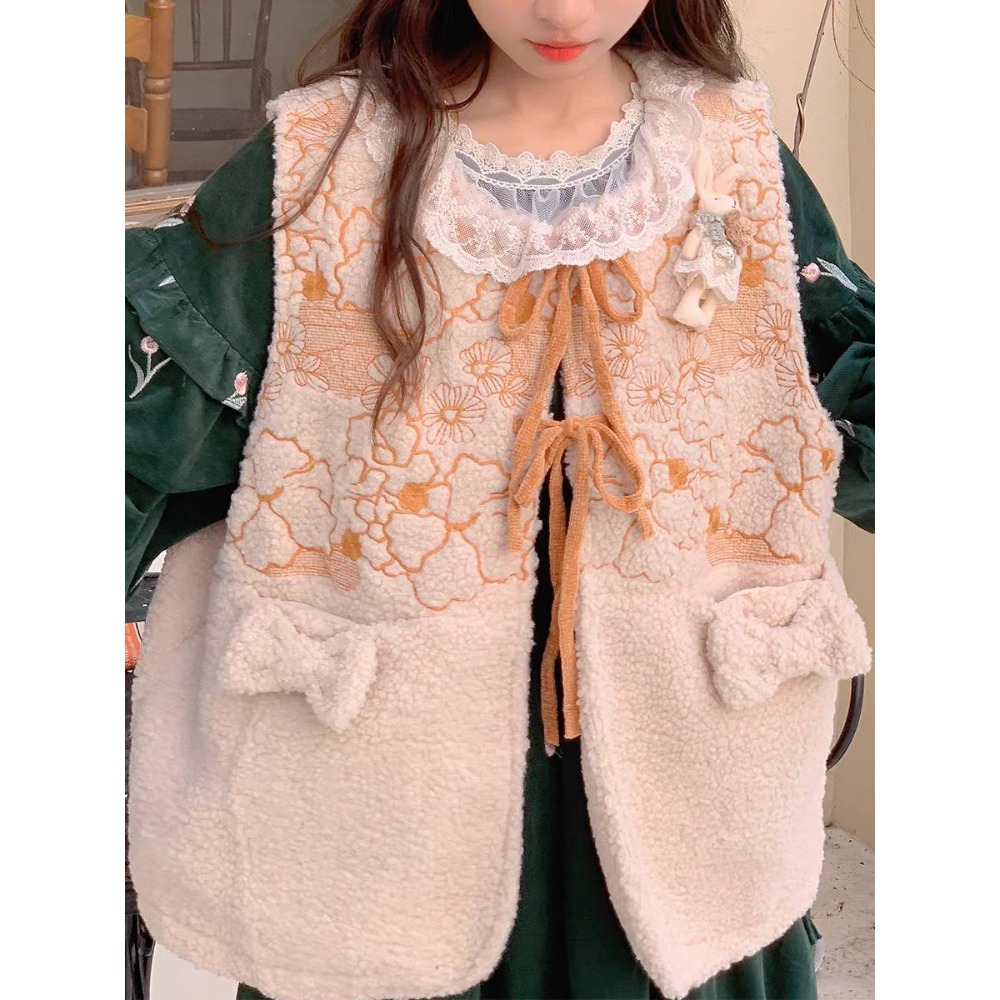 Gemini日系。🇯🇵保暖羊羔毛花花刺繡綁帶背心-細節圖2
