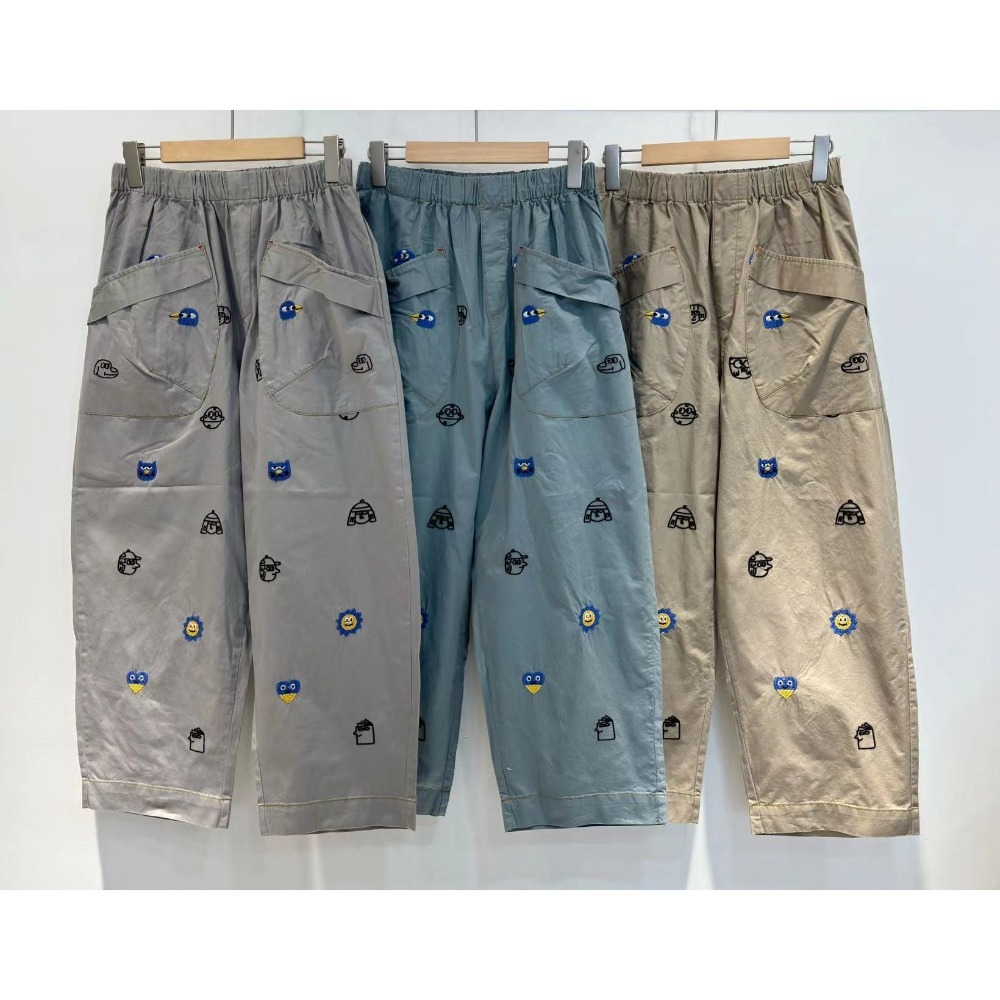 Gemini 日系❣️腰部鬆緊 士兵 貓咪 太陽 圖案刺繡 哈倫水洗棉長褲-細節圖3