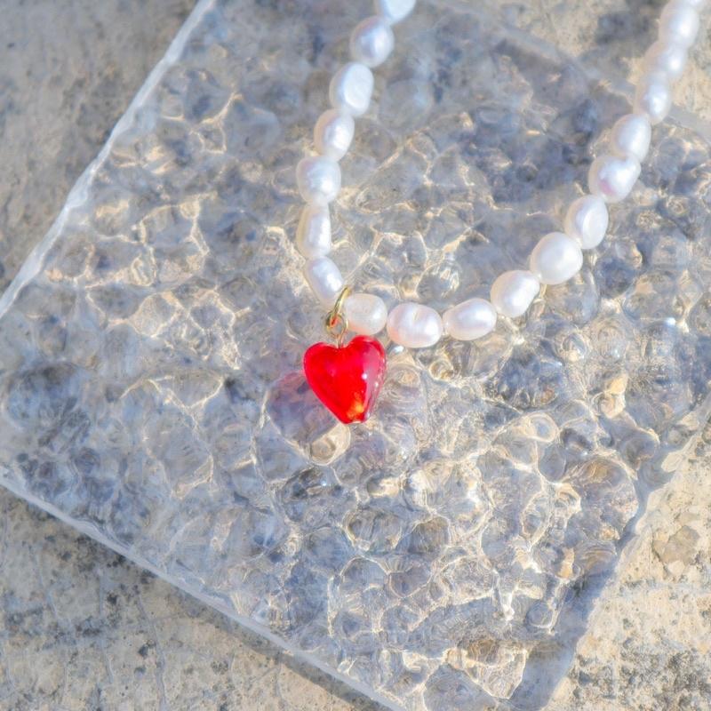 洛莉🥑珍珠紅色愛心項鍊 AW0908-細節圖2