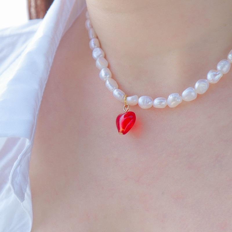 洛莉🥑珍珠紅色愛心項鍊 AW0908-細節圖3