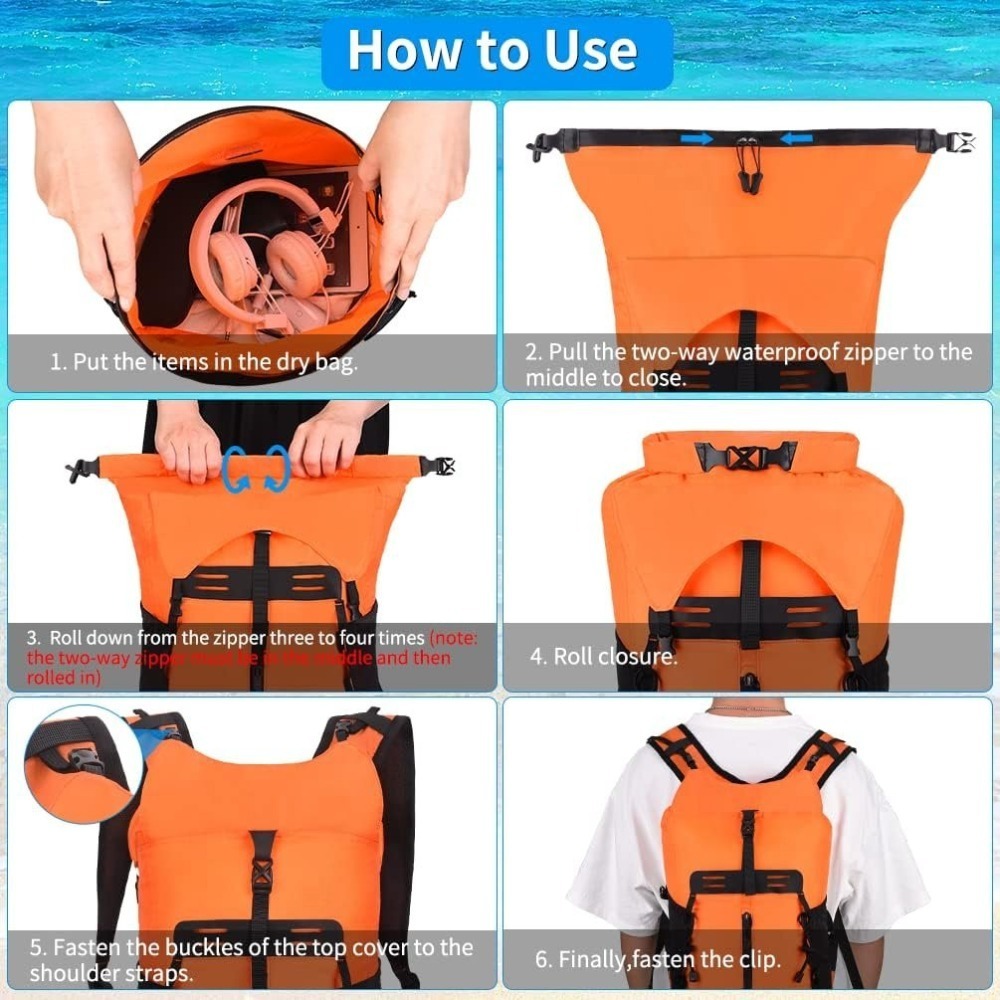 3件式 防水背包 腰包 手機袋 20L,IPX8 戶外溯溪 水上活動 划船 獨木舟 衝浪,可折疊 帶拉鍊口袋,超輕好收納-細節圖7