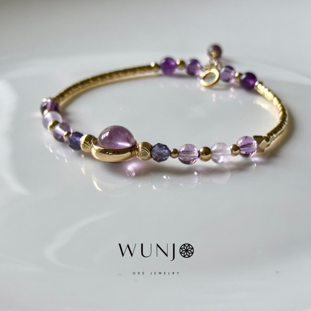WUNJO ⟠ 智慧之輪【智慧up！貴人/事業/財運】超七紫髮晶-紫鋰輝石-菫青石-紫水晶｜金+銀款·輕珠寶手鍊-細節圖3