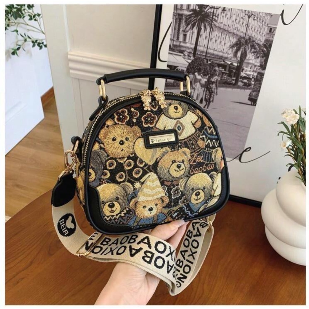 beibaobao 休閒圓形斜挎包，卡通小熊圖案-細節圖2
