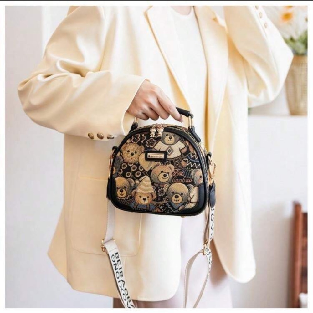 beibaobao 休閒圓形斜挎包，卡通小熊圖案-細節圖3