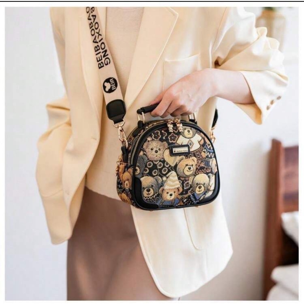 beibaobao 休閒圓形斜挎包，卡通小熊圖案-細節圖4