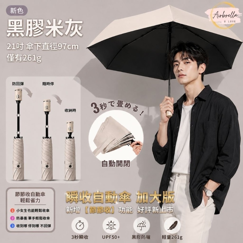 Airbrella 羽之戀 日本【3秒收傘】超輕 258g 瞬收 自動傘 記憶傘 瞬收傘 陽傘 黑膠 防曬 秒收傘 輕量-規格圖9