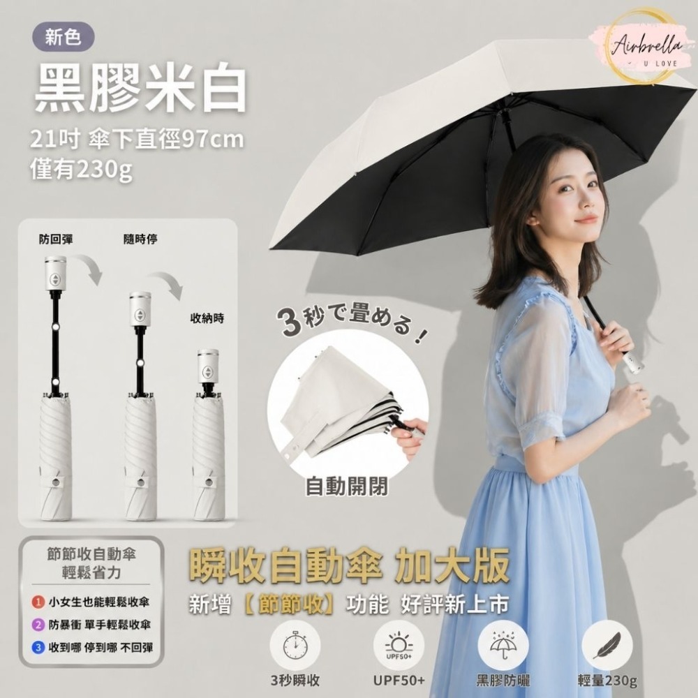 Airbrella 羽之戀 日本【3秒收傘】超輕 258g 瞬收 自動傘 記憶傘 瞬收傘 陽傘 黑膠 防曬 秒收傘 輕量-規格圖9