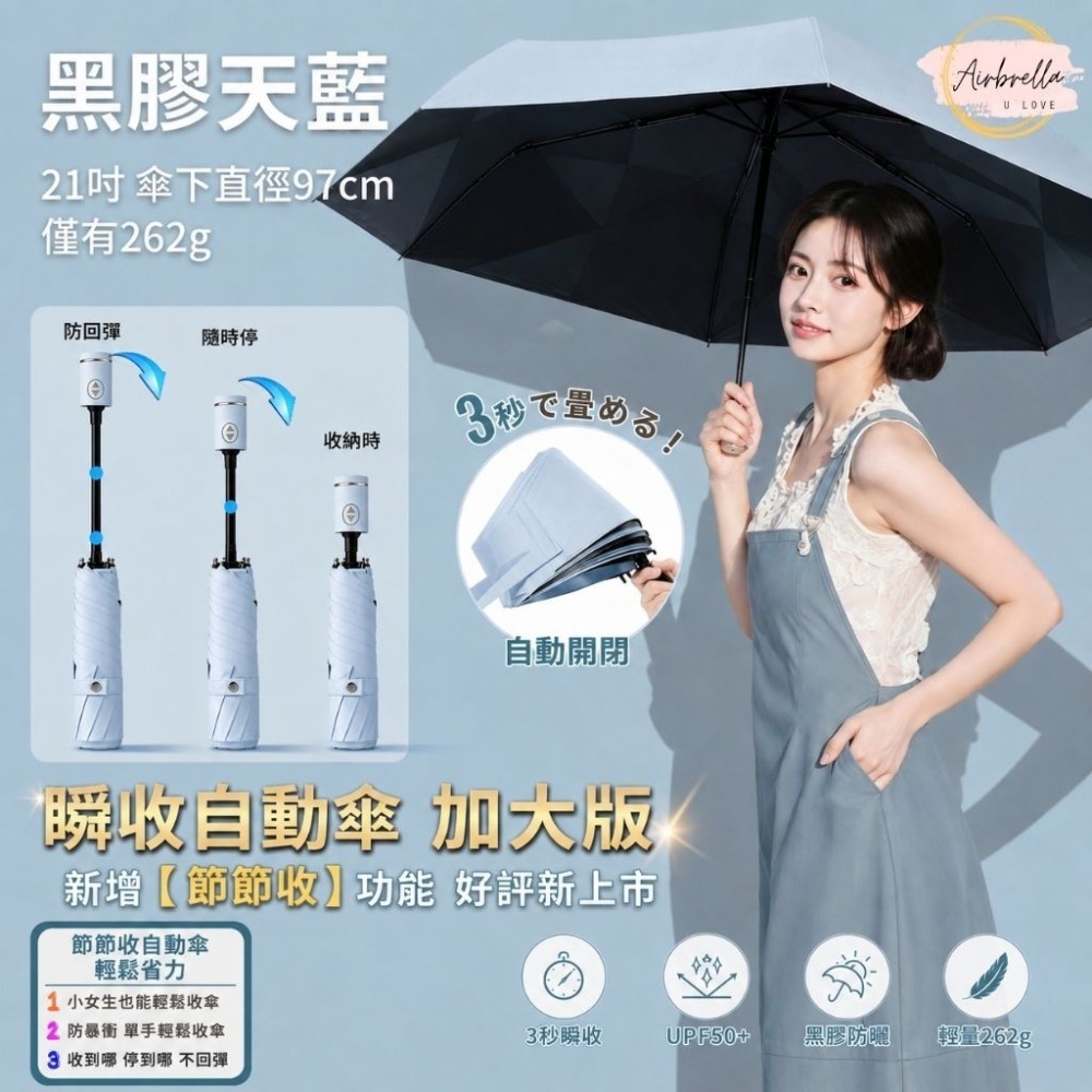 Airbrella 羽之戀 日本【3秒收傘】超輕 258g 瞬收 自動傘 記憶傘 瞬收傘 陽傘 黑膠 防曬 秒收傘 輕量-規格圖9