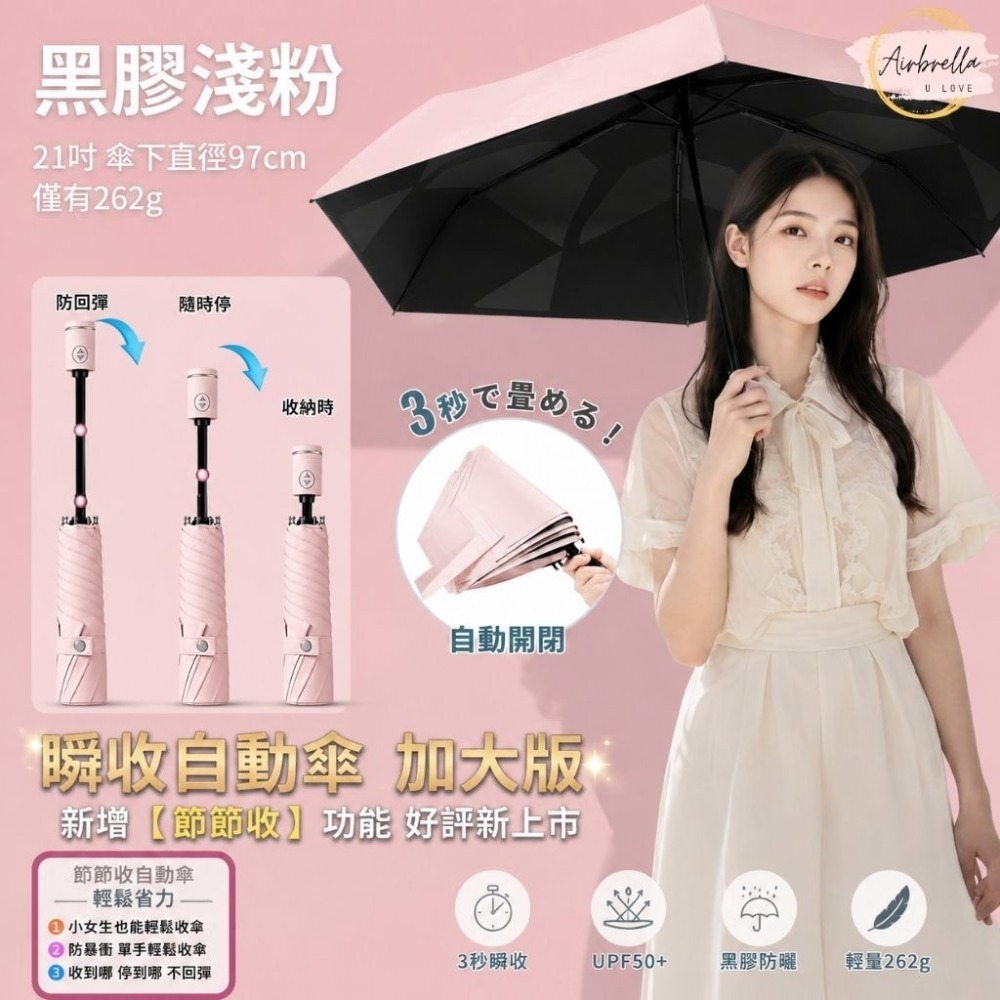 Airbrella 羽之戀 日本【3秒收傘】超輕 258g 瞬收 自動傘 記憶傘 瞬收傘 陽傘 黑膠 防曬 秒收傘 輕量-規格圖9