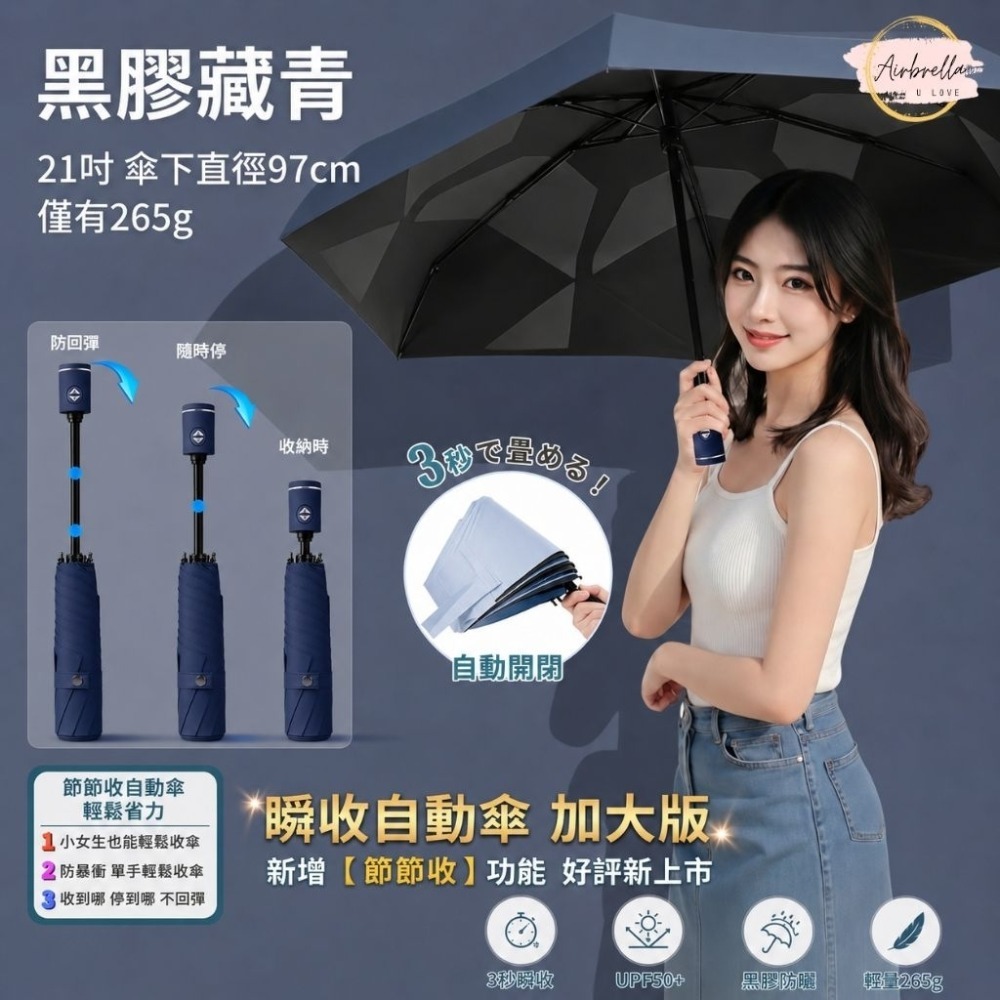 Airbrella 羽之戀 日本【3秒收傘】超輕 258g 瞬收 自動傘 記憶傘 瞬收傘 陽傘 黑膠 防曬 秒收傘 輕量-規格圖9