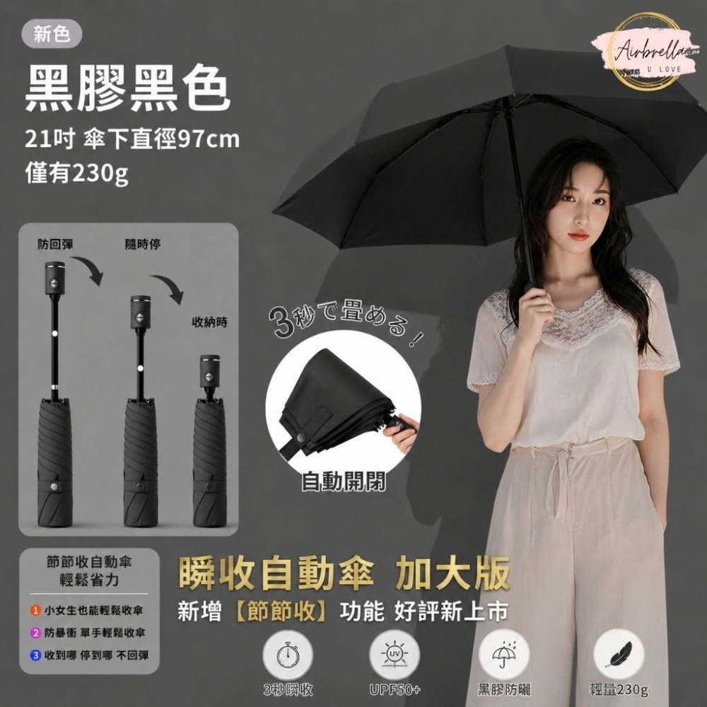 Airbrella 羽之戀 日本【3秒收傘】超輕 258g 瞬收 自動傘 記憶傘 瞬收傘 陽傘 黑膠 防曬 秒收傘 輕量-規格圖9