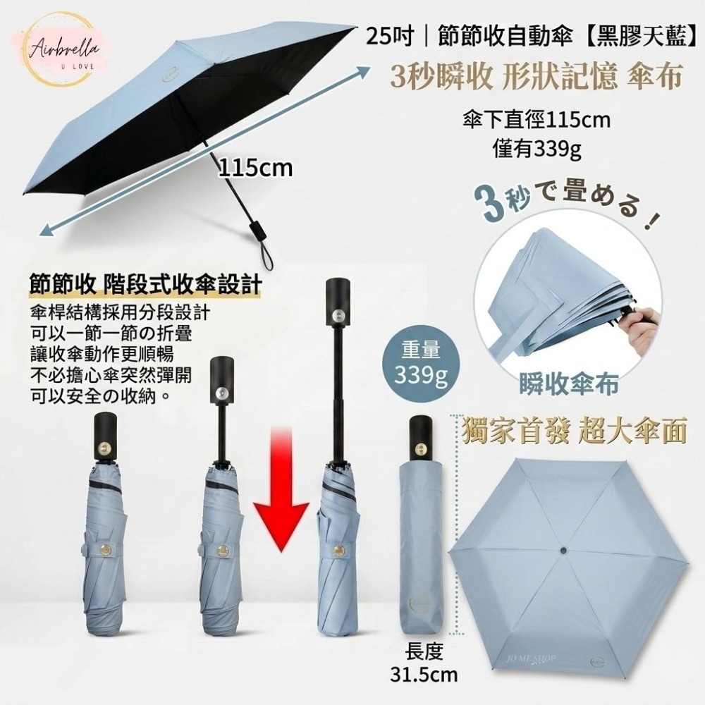 Airbrella 羽之戀 日本【3秒收傘】超輕 258g 瞬收 自動傘 記憶傘 瞬收傘 陽傘 黑膠 防曬 秒收傘 輕量-規格圖9