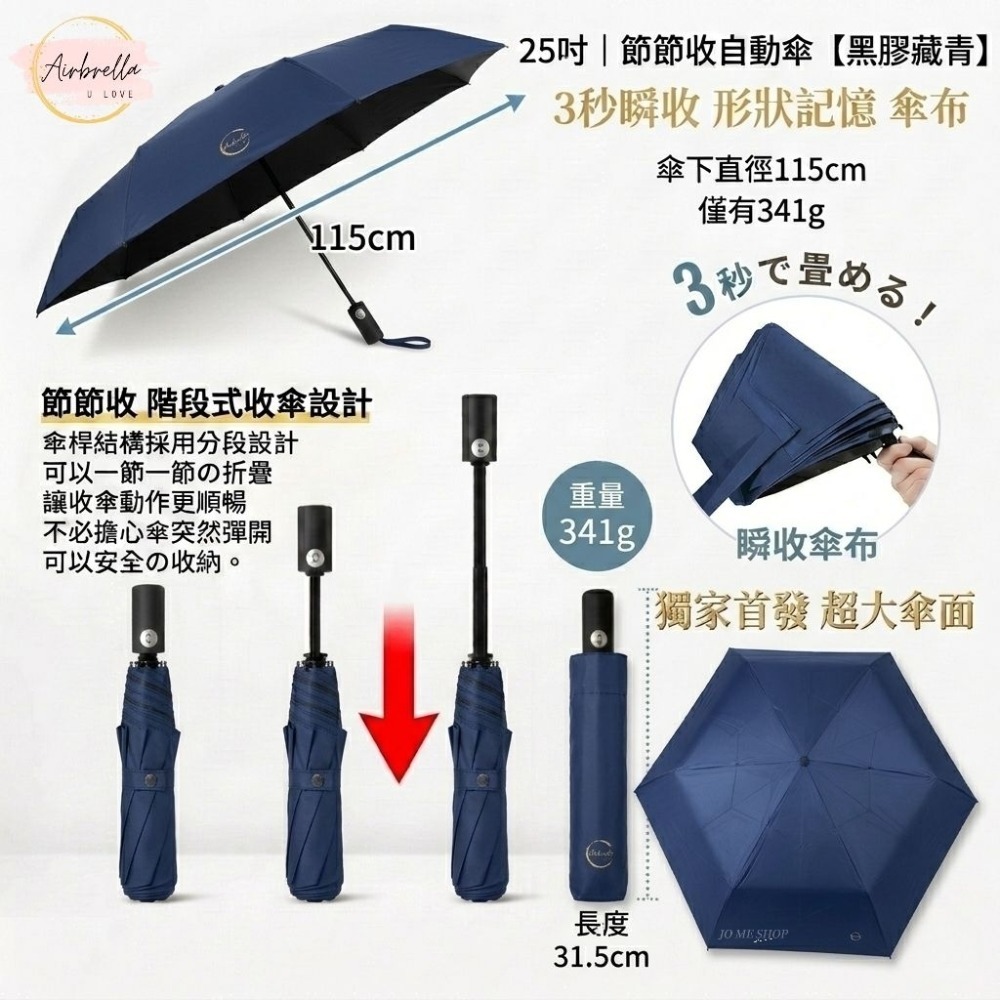 Airbrella 羽之戀 日本【3秒收傘】超輕 258g 瞬收 自動傘 記憶傘 瞬收傘 陽傘 黑膠 防曬 秒收傘 輕量-規格圖9