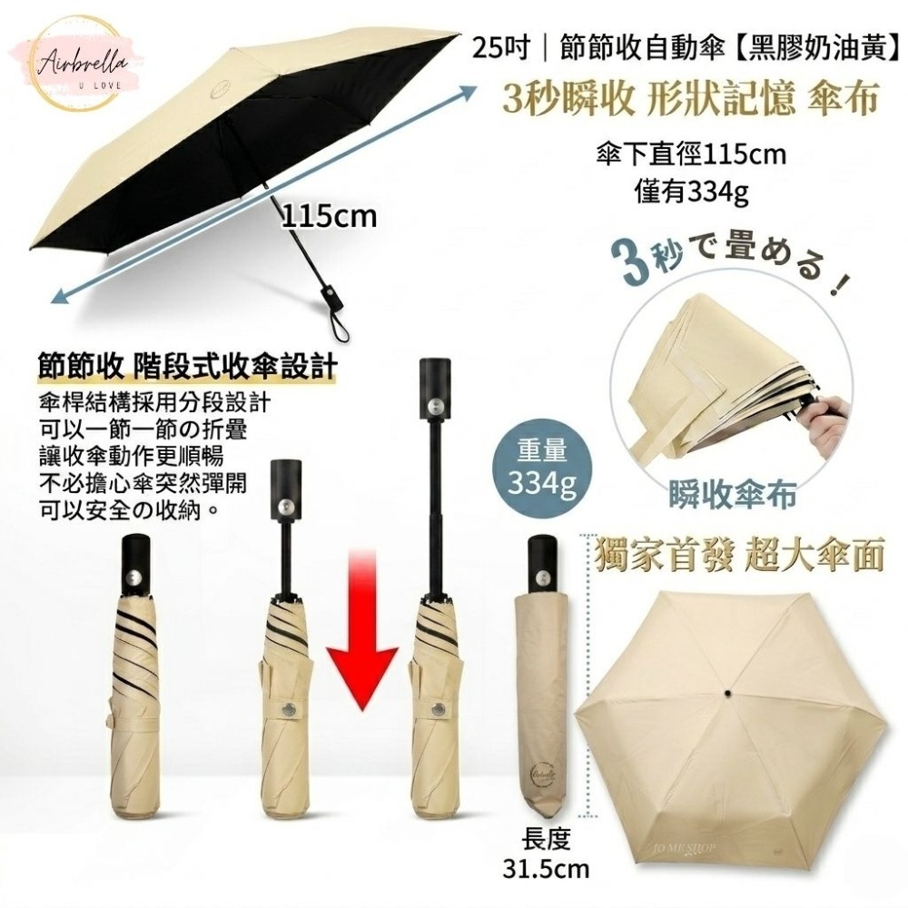 Airbrella 羽之戀 日本【3秒收傘】超輕 258g 瞬收 自動傘 記憶傘 瞬收傘 陽傘 黑膠 防曬 秒收傘 輕量-規格圖9