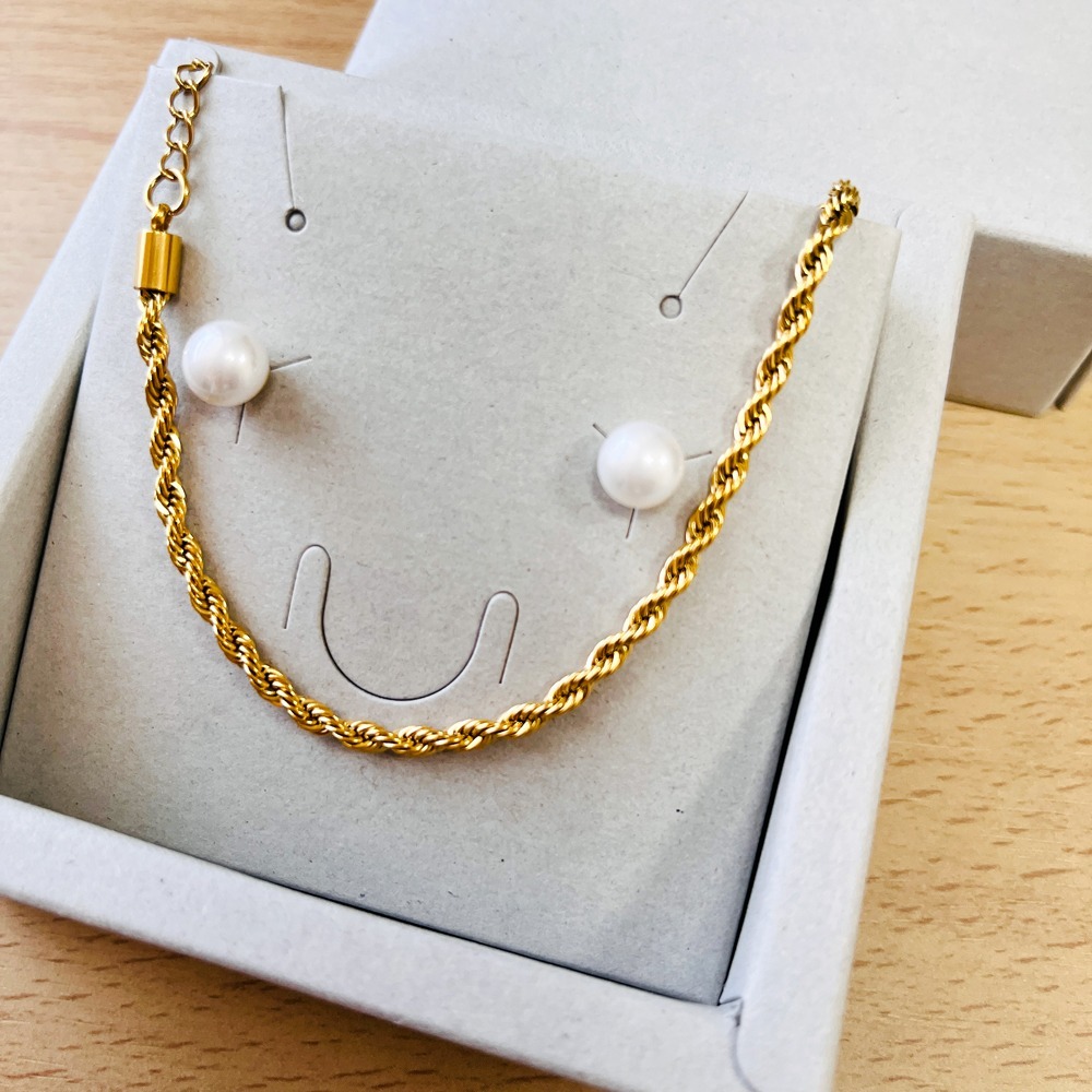 K18繩索手鍊 316L鈦鋼抗敏 情人節禮物 中性配戴 贈水晶珍珠耳環-細節圖5