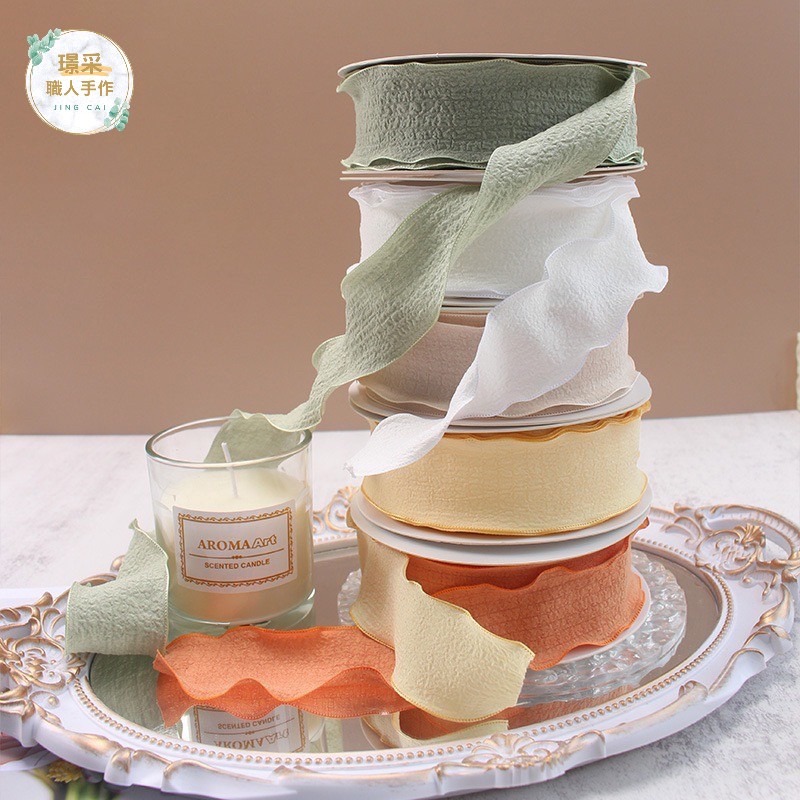 【璟采職人】波浪紗緞帶 緞帶 布質緞帶 花束緞帶 蝴蝶結 絲帶 禮物包裝 禮品包裝 波浪邊 亞麻緞帶 花藝包裝 裝飾-細節圖2