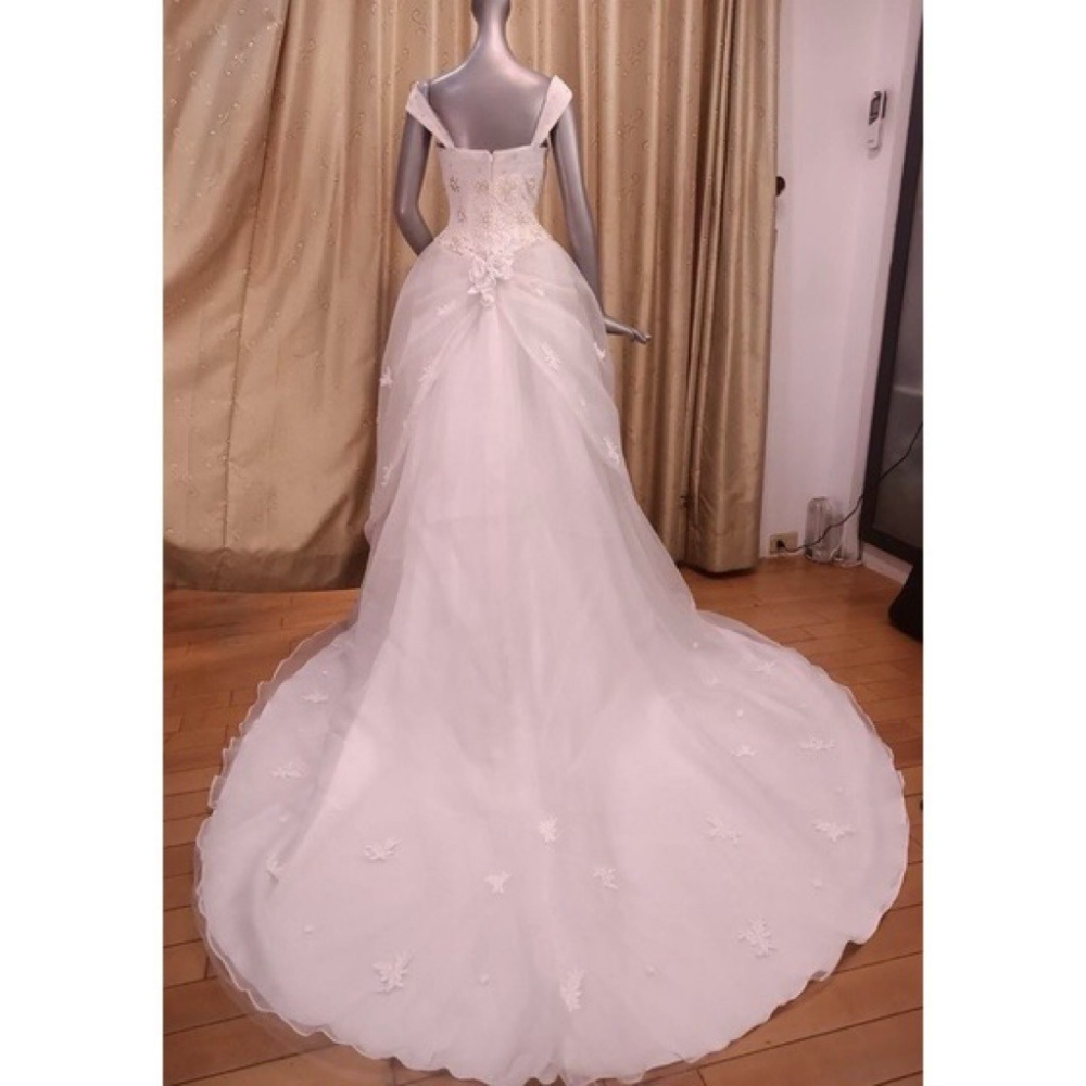 婚紗 二手禮服 wedding dress 手工白紗 有肩帶 玫瑰 雛菊 修身-細節圖3