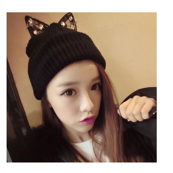 新款英國潮牌蕾絲水鑽可爱貓耳朵針織毛帽 帽子 女秋冬天帽 貓耳帽 貓耳毛帽-細節圖2