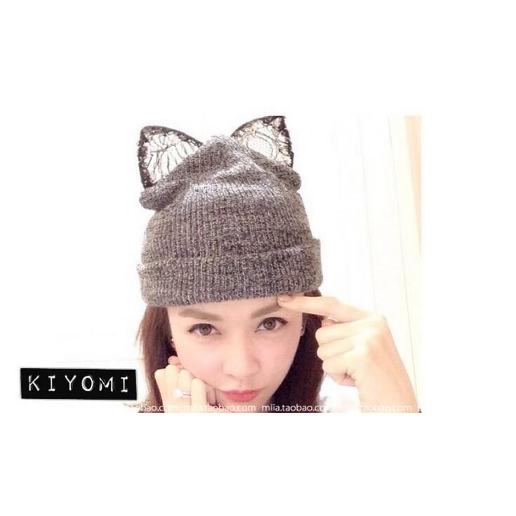 新款英國潮牌蕾絲水鑽可爱貓耳朵針織毛帽 帽子 女秋冬天帽 貓耳帽 貓耳毛帽-細節圖3