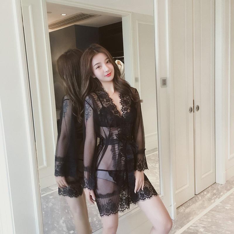 台灣現貨 性感蕾絲裙透視睡衣開檔火辣外套三點內衣套裝情趣內衣 4件套組-細節圖2