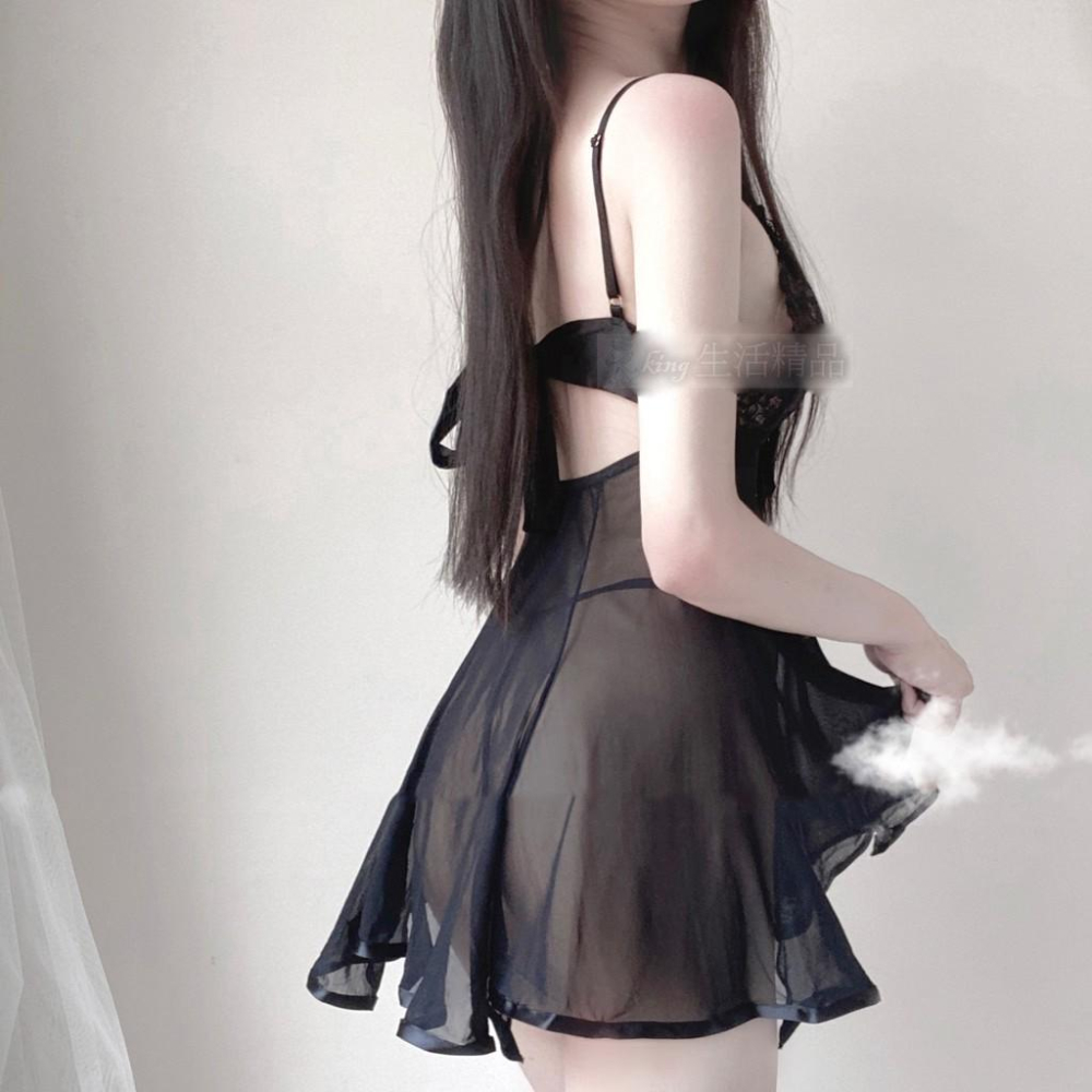 台灣現貨 性感少女 薄款 V領 細肩帶 性感修身 蕾絲 可愛 蝴蝶結 露背 睡裙 性感睡衣 透視 7715-細節圖4