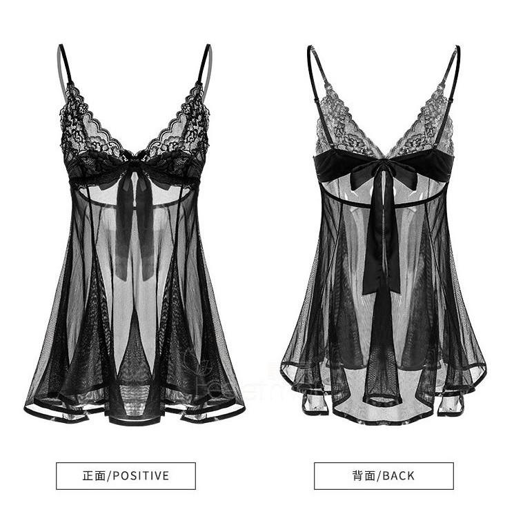 台灣現貨 性感少女 薄款 V領 細肩帶 性感修身 蕾絲 可愛 蝴蝶結 露背 睡裙 性感睡衣 透視 7715-細節圖5