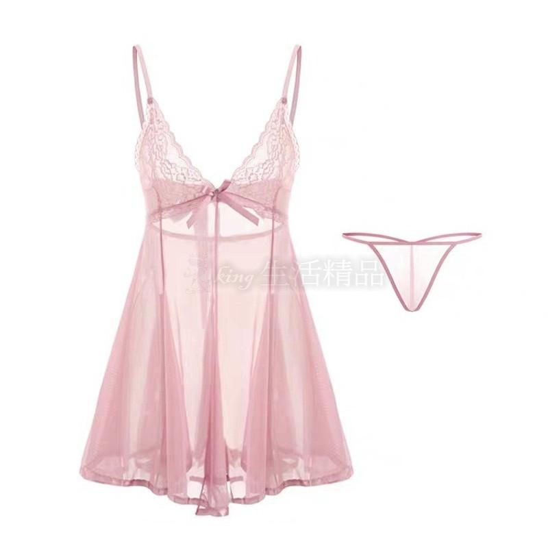 台灣現貨 性感少女 薄款 V領 細肩帶 性感修身 蕾絲 可愛 蝴蝶結 露背 睡裙 性感睡衣 透視 7715-細節圖6