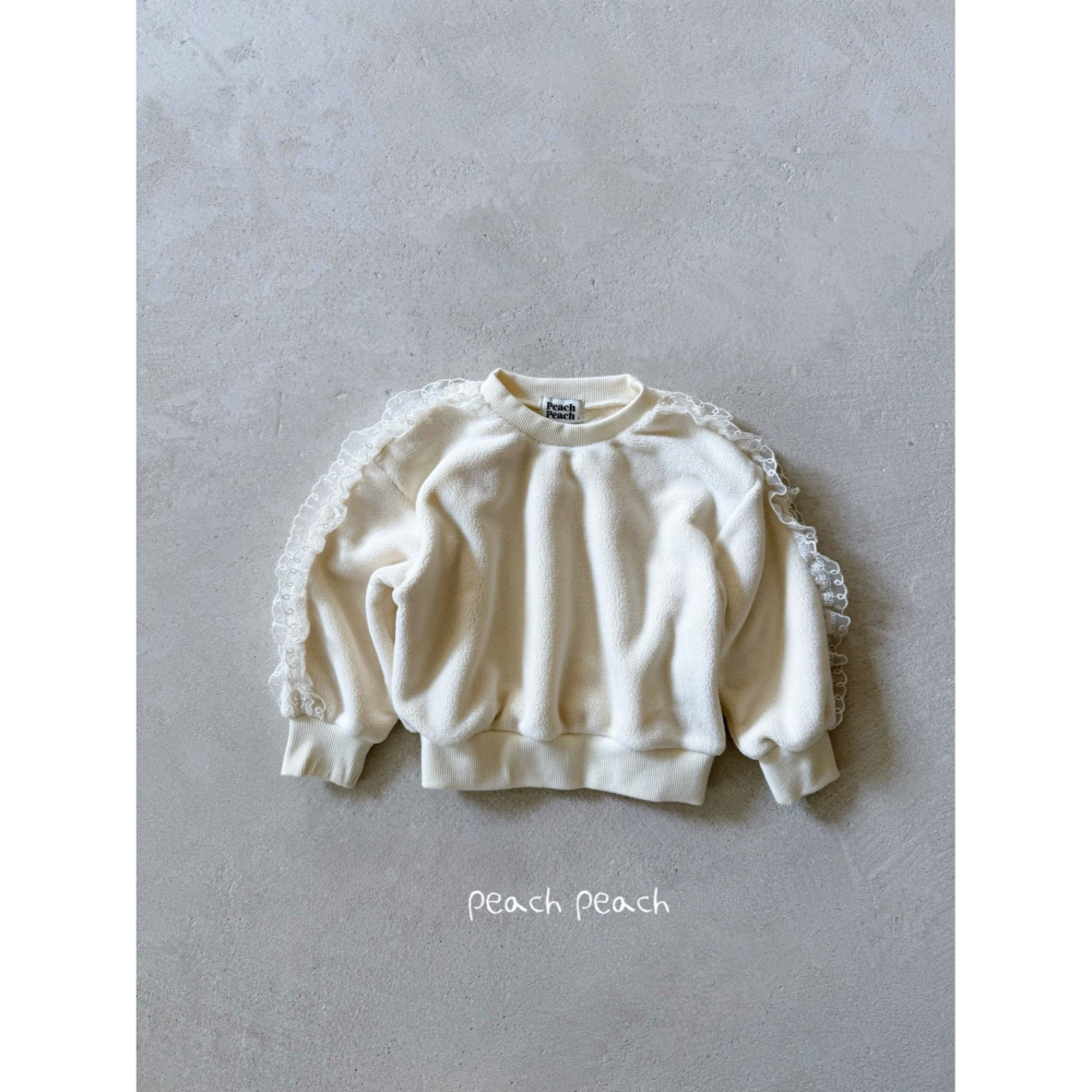 ✿ 現貨｜韓國童裝代購｜小童中童｜80-130 ✿Peach Peach蕾絲肩線刷毛大學T-細節圖4