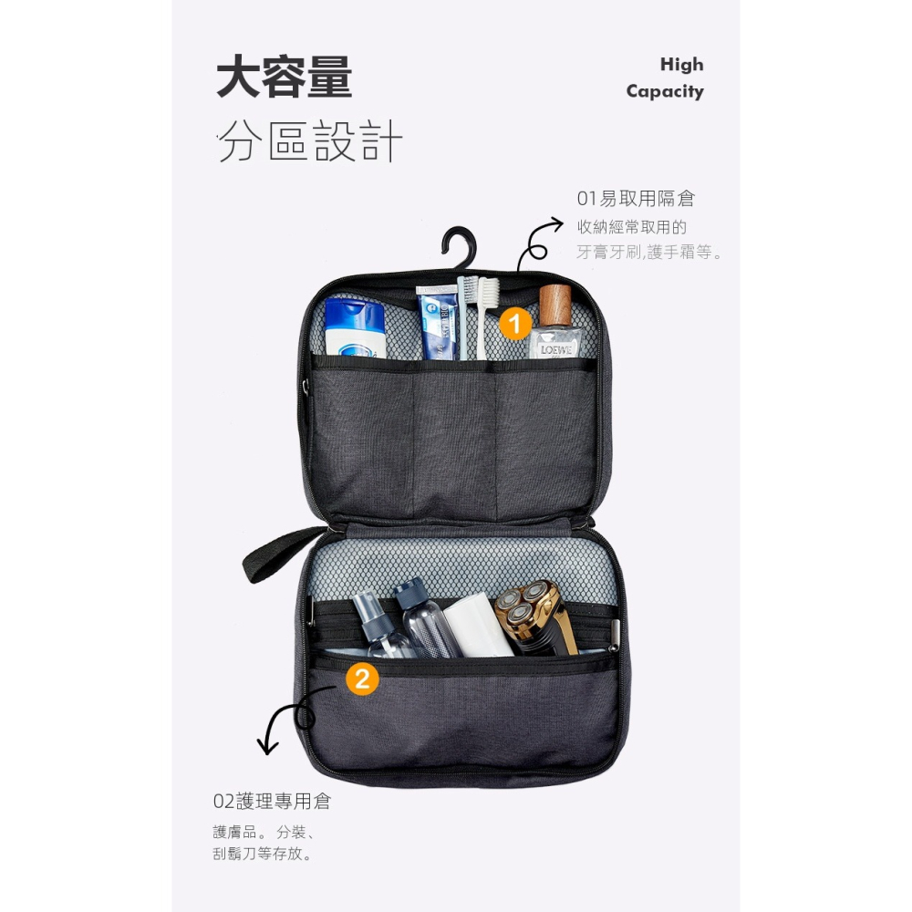 【防水牛津布】男士旅行洗漱包｜大容量二折設計・分倉收納・可掛式便攜包｜出差露營必備-細節圖4