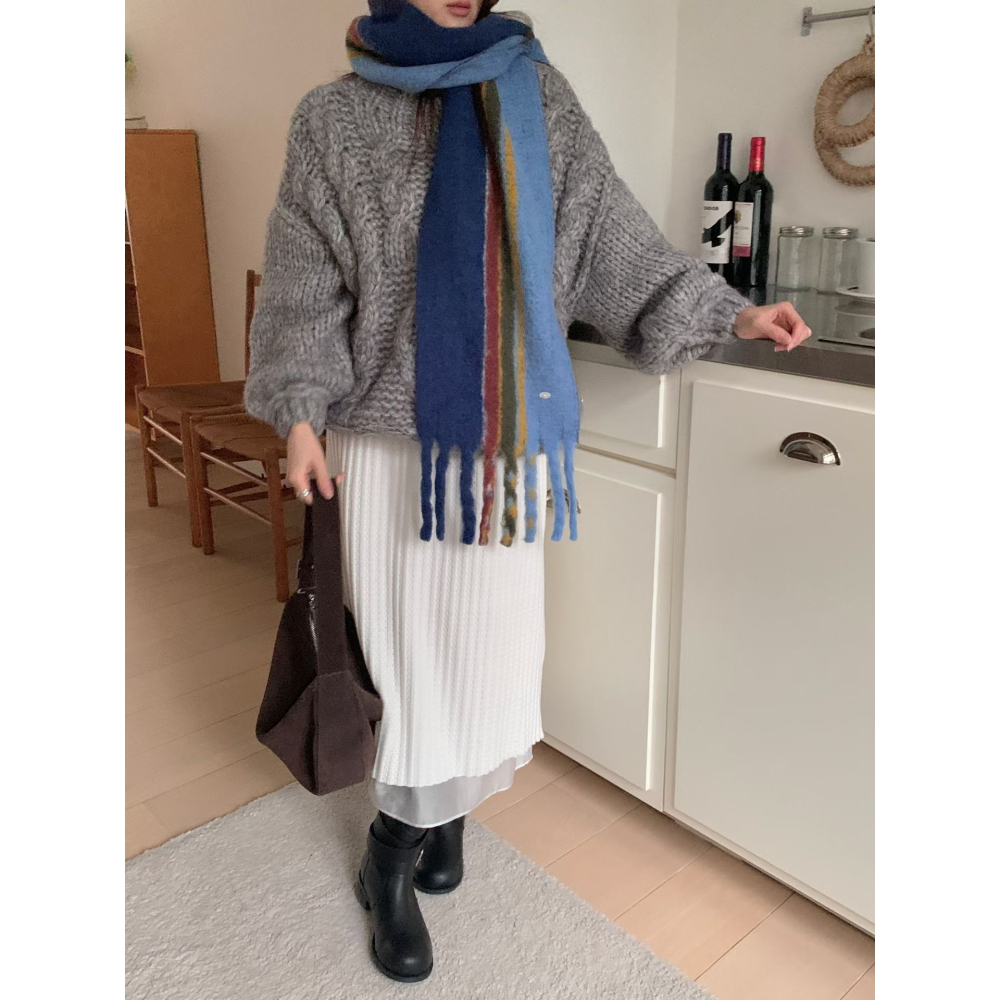 🇰🇷100%羊毛拼色直紋圍巾🧣-細節圖2