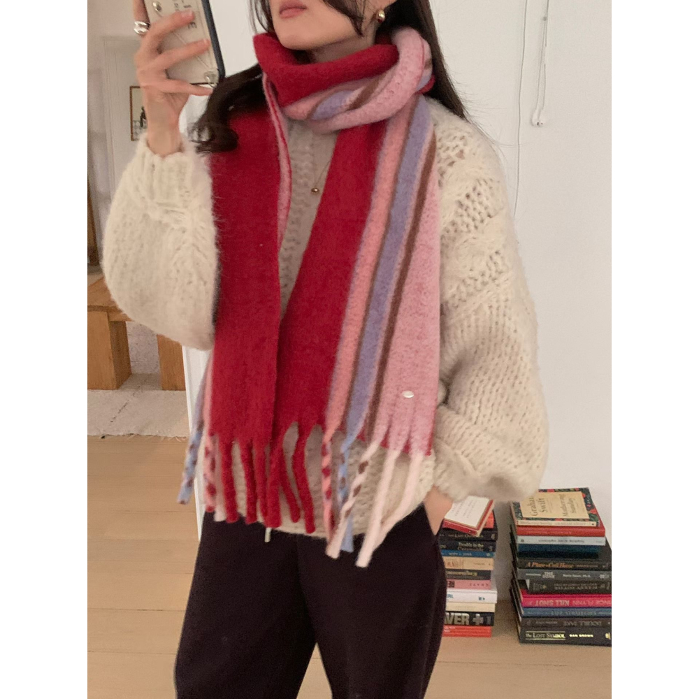 🇰🇷100%羊毛拼色直紋圍巾🧣-細節圖4