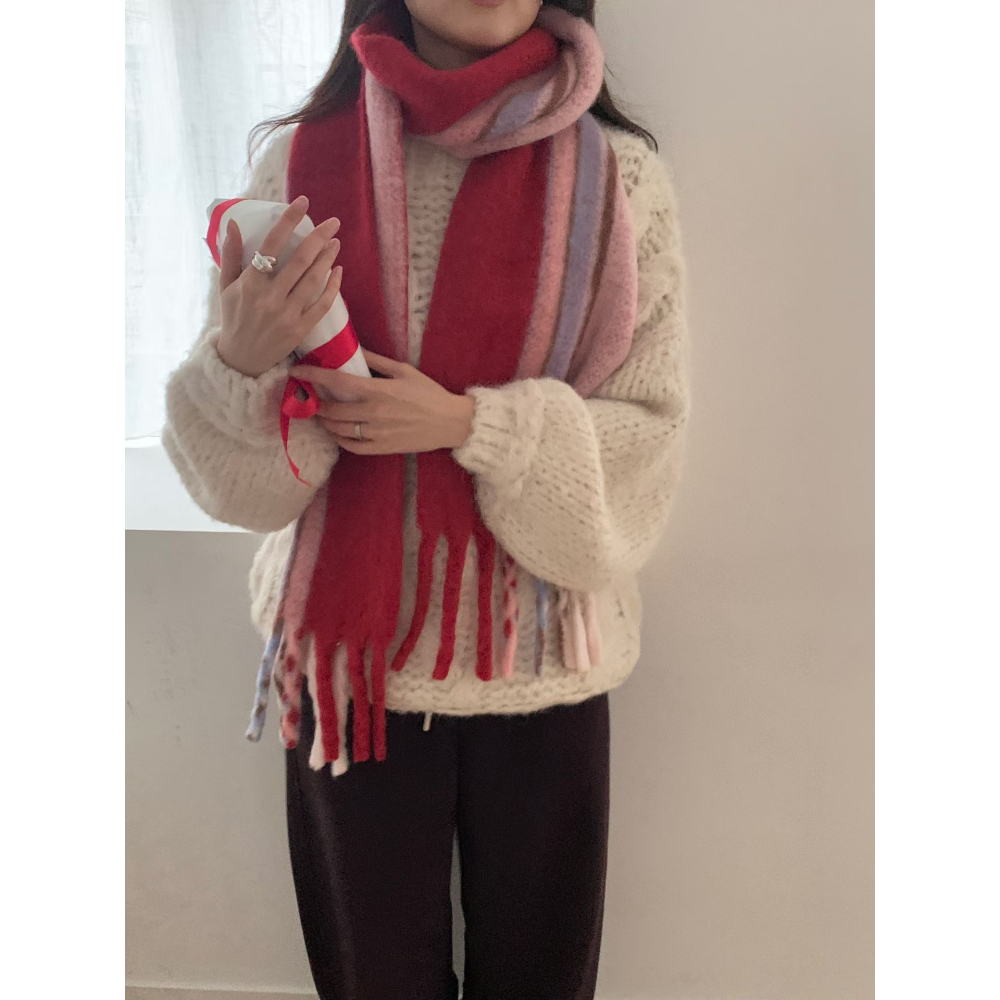 🇰🇷100%羊毛拼色直紋圍巾🧣-細節圖6