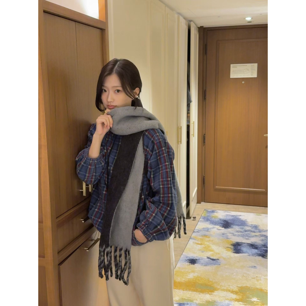 雙面拼色扭結羊毛圍巾🐑🧣-細節圖2