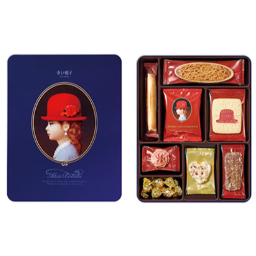 台中現貨 日本紅帽子 藍盒 紅盒 金盒 高帽子喜餅 紅帽子餅乾 鐵盒餅乾 紅帽子喜餅-規格圖3