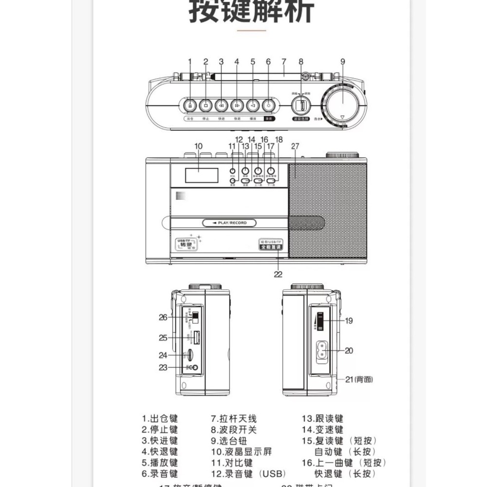 藍牙手提音響 TR-641 CR-4 卡帶 (藍牙) 防災收音機 喇叭 錄音 跟讀 復讀學習機 USB互轉錄卡帶-細節圖3
