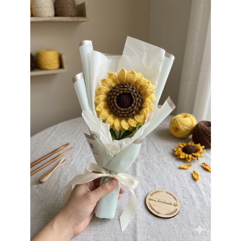 𝓣𝓲𝓷𝓪 𝓗𝓪𝓷𝓭𝓶𝓪𝓭𝓮向日葵毛線花束 🌻 畢業禮物 鉤針花 針織太陽花 手工編織花 永生花-細節圖3