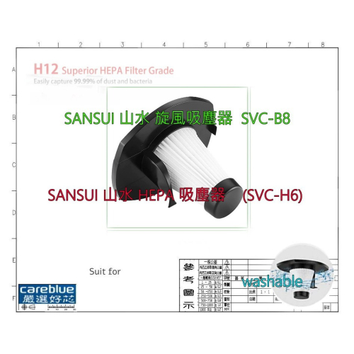 濾網 FOR 【SANSUI 山水】手持直立二合一兩用HEPA吸塵器(SVC-H6)