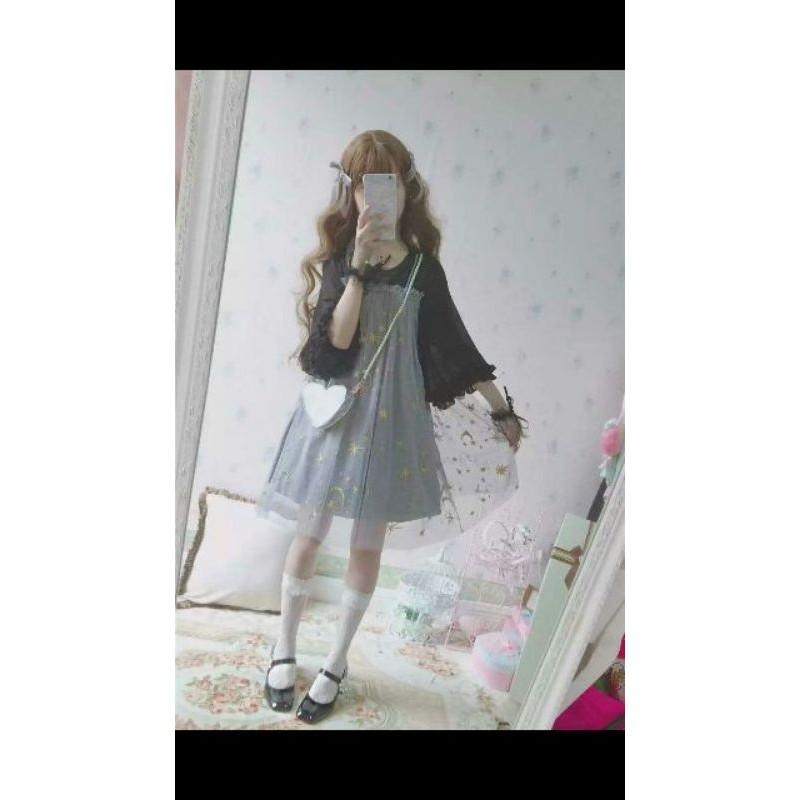 現貨 暗夜星辰 軟妹 溫柔顯瘦 水袖荷葉邊 網紗 夢幻 刺繡 月亮 連身裙 裙子 女裝 淑女 洋裝-細節圖3