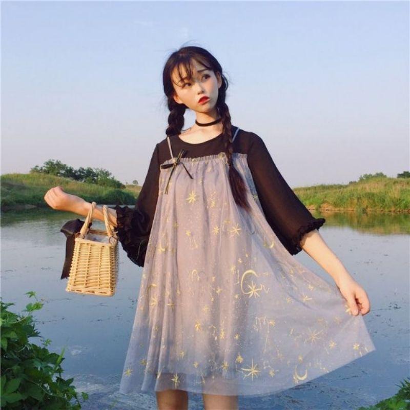 現貨 暗夜星辰 軟妹 溫柔顯瘦 水袖荷葉邊 網紗 夢幻 刺繡 月亮 連身裙 裙子 女裝 淑女 洋裝-細節圖5