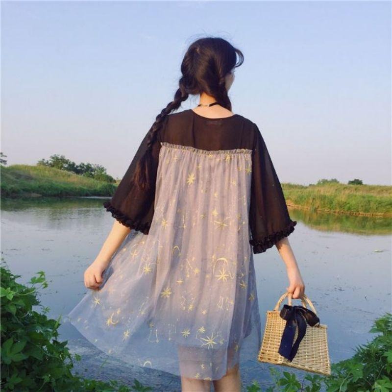 現貨 暗夜星辰 軟妹 溫柔顯瘦 水袖荷葉邊 網紗 夢幻 刺繡 月亮 連身裙 裙子 女裝 淑女 洋裝-細節圖6