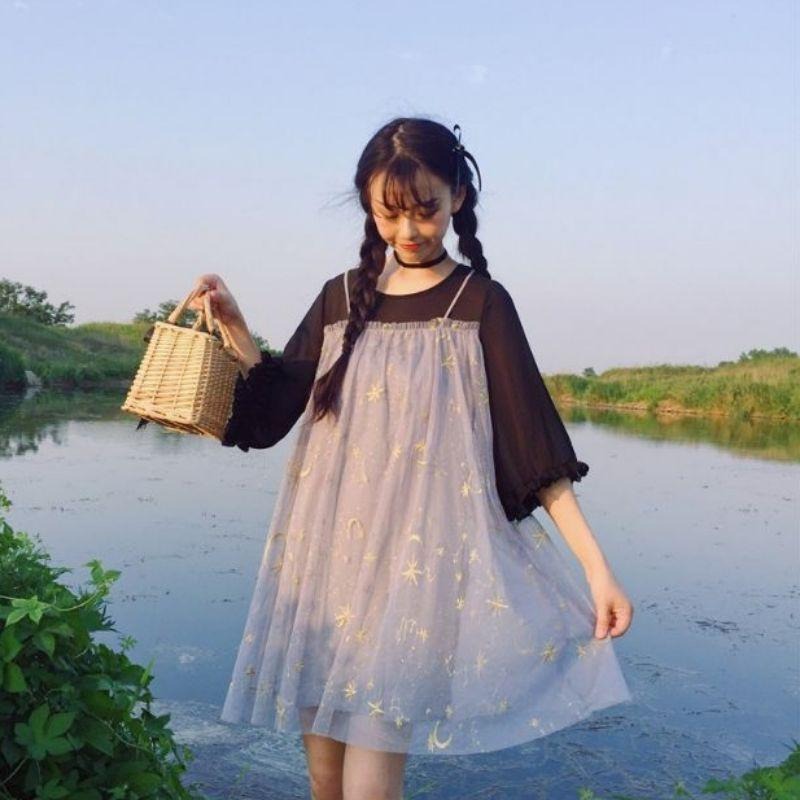 現貨 暗夜星辰 軟妹 溫柔顯瘦 水袖荷葉邊 網紗 夢幻 刺繡 月亮 連身裙 裙子 女裝 淑女 洋裝-細節圖7