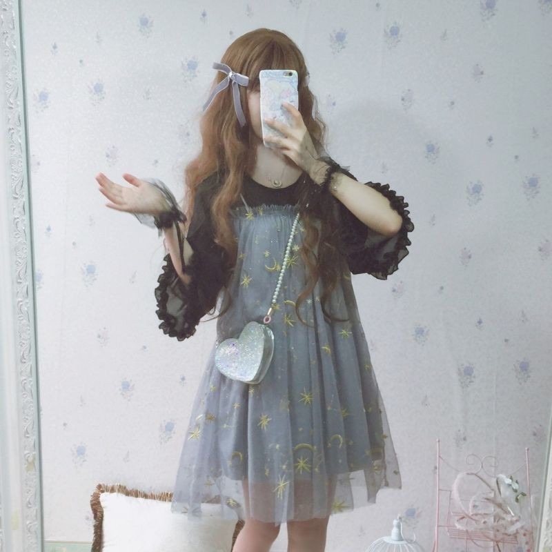 現貨 暗夜星辰 軟妹 溫柔顯瘦 水袖荷葉邊 網紗 夢幻 刺繡 月亮 連身裙 裙子 女裝 淑女 洋裝-規格圖9