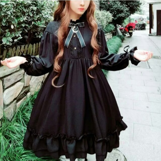 現貨 暗夜星辰 軟妹 溫柔顯瘦 水袖荷葉邊 網紗 夢幻 刺繡 月亮 連身裙 裙子 女裝 淑女 洋裝-規格圖9