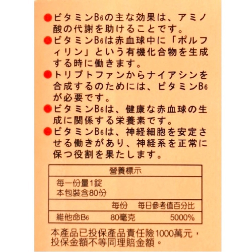 人生製藥 渡邊維他命B6膜衣錠80錠/瓶 台灣公司貨-細節圖4