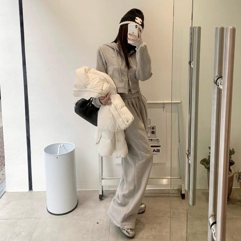 No.2 無二｜韓國🇰🇷加絨刷毛休閒連帽外套+刷毛寬褲 兩件套裝 兩件套 雙拉鍊 衛衣套裝 束口褲-細節圖3